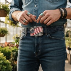 Men Women Silver Metal Buckle Western Fashion USA Flag United States Of America