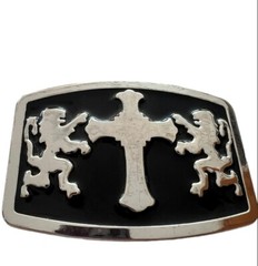 Vintage Mens Belt Buckle – Black Silver With Double Lions and Cross 4×3 Inches