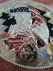 NWOT LARGE SILVER MIRROR STAR RED WHITE BLUE 3D EAGLE BELT BUCKLE 1 1/2&Prime; $65