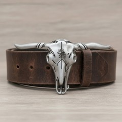 Men Western Silver Metal Belt Buckle Long Horn Texas Cow Bull Skull Jeans Pants