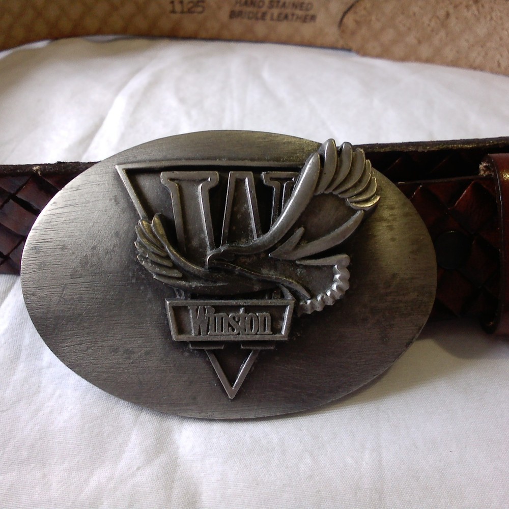 Vtg Winston Buckle W/Hand Stained Bridle Leather Belt 32/34 3D Flying Eagle…