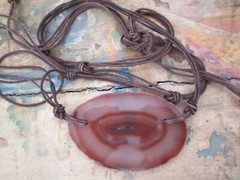 Brazilian Agate Slab Brown Geode and Brown Leather Boho Belt (or Necklace)