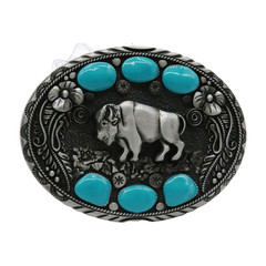 Men Western Belt Buckle Dark Silver Metal Cowboy Bison Buffalo Ox Oval Shape