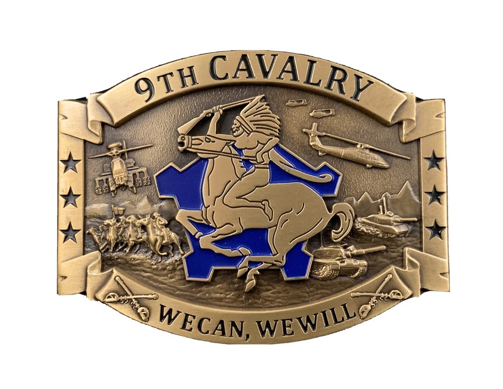 🌟 US Army 9th Cavalry Brass Belt Buckle, We Can We Will Unit Crest DUI Insignia