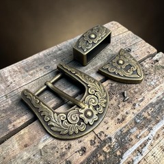 Western 3-Piece Belt Buckle Set Floral Engraved Silver Bronze Cowboy Rodeo Style