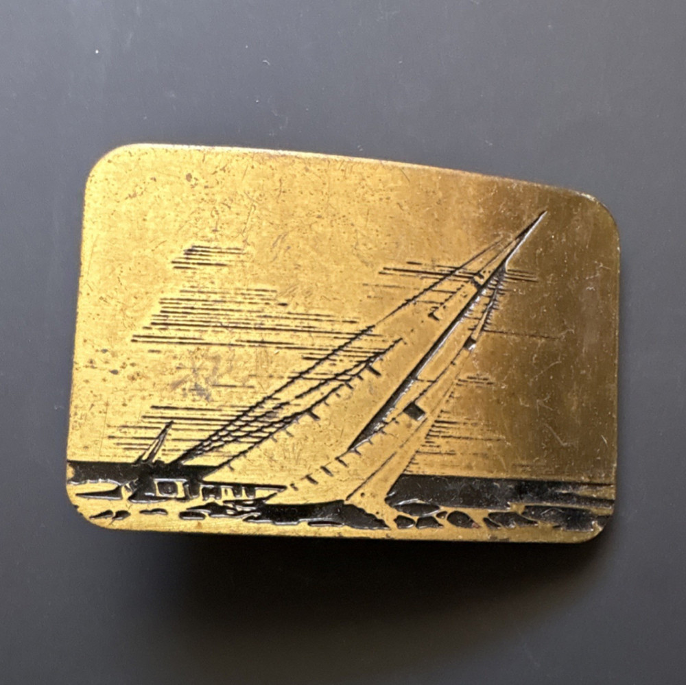 Nautical Sailboat Belt Buckle Gold Tone Metal Rectangular Graphic Print 1.5in