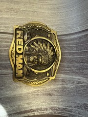 Red Man Belt Buckle 1988 Brass Pinkerton Tobacco Co. Made in USA VTG 3×2.5”