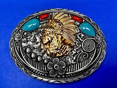 Native American Indian Chief in Head Dress Faux Turquoise & Coral Belt Buckle