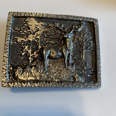 Set of 2 Vintage HEAVY PEWTER DEER SCENE AND ANTLER BELT BUCKLES MADE IN USA