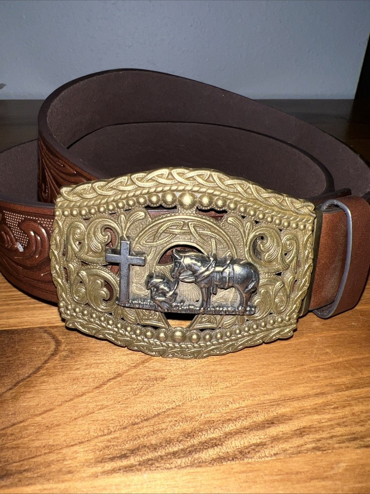 New Western Heritage Cowboy Prayer Belt Buckle Kneeling Cross W Belt