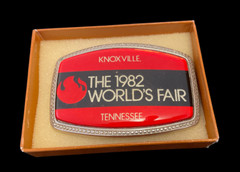 1982 World&rsquo;s Fair Knoxville Tennessee Vintage RED Belt Buckle 3 x 2&Prime;