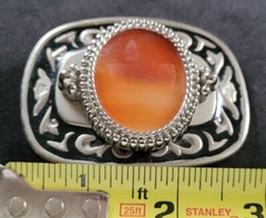 ORANGE POLISHED STONE WESTERN BLACK & SILVER TONED BELT BUCKLE