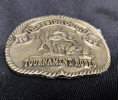 Hesston Belt Buckle 1986 3 3/4” Adult Size Brass Tournament Rodeo *New & Sealed*