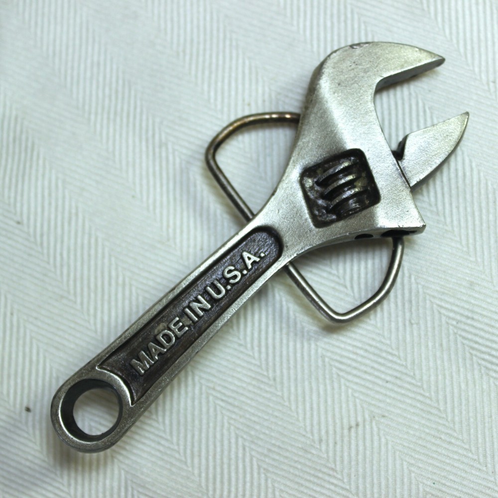 VTG 1979 Bergamot Brass Works Metal Belt Buckle Crescent Wrench Made USA D 12