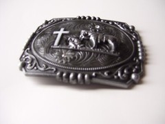 Belt Buckle Praying Cowboy Kneeling at Cross Western Floral Large 4.5&Prime;x 3.5&Prime;
