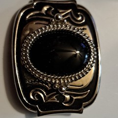 Western Ornate Silver Belt Buckle with Black Stone Accent, Antique Finish