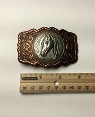 Vintage Belt Buckle Horse Copper Silver Tone Western Horseshoe Ranch Country