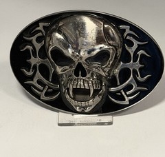 Oval Skull Fangs Pirate Belt Buckle Design Gothic Punk Metal Black Silver Tone