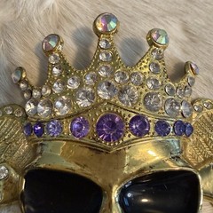 Bling Goldtone Covered Skull Belt Buckle in Clear & Purple Rhinestones