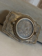 Genuine 1921 Morgan Silver Dollar Western Silver & Gold Tone Belt Buckle USA