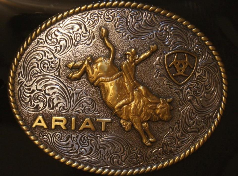 Ariat Western Belt Buckle Oval Bull Rider Logo Silver & Gold tone A37056