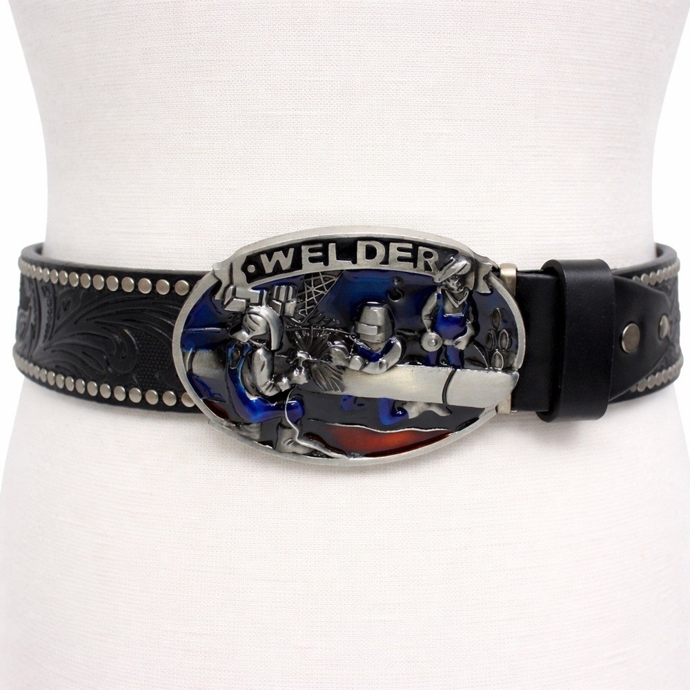 Welder Belt Buckle with Black Studded Floral Embossed Western Strap Mens