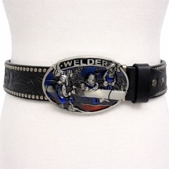 Welder Belt Buckle with Black Studded Floral Embossed Western Strap Mens