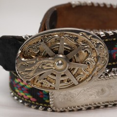 Vtg Rotating Spur Belt Buckle Tribal Embroidered Black Silver Tone Whipstitch
