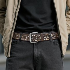 CHXRRPGC Rivet Studded Belt for Men, 40 (Fit Waist 37&Prime;-40&Prime;), Coffee-golden