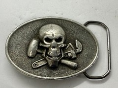Mechanic Skull Crossed Wrench Hammer Tool Solid Fine Pewter Belt Buckle