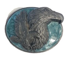 Siskiyou Bald Eagles Belt Buckle Co 1989 Vintage Pewter Teal Enamel Swirl USA