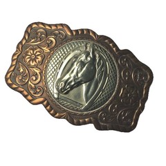 Vintage Belt Buckle Horse Copper Silver Tone Western Horseshoe Ranch Country