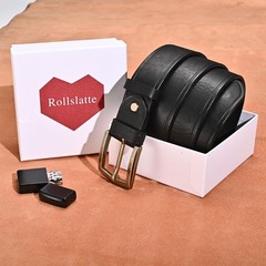 Rollslatte Black Men Leather Belt 38 (Fit Waist 32&Prime;-40&Prime;), Black-brass Buckle