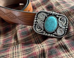 Silver Floral Western Belt Buckle Teal Stone Agate Cowboy Snap On 1.5in Strap