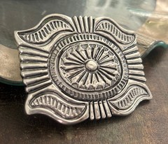 Western Silver Belt Buckle Concho Style Engraved Cowboy Rodeo Design
