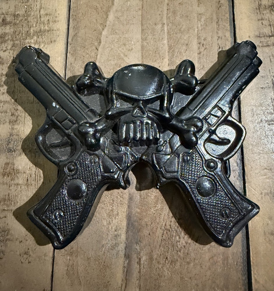 Skull Crossed Guns Black Belt Buckle