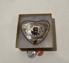 Vintage 1998 Metal Belt Buckle, Nice Silver and Brass, Red Stone, Heart Shape