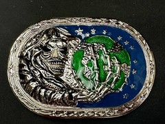 Skull Face Holding The Earth Grim Reaper Silver Green Gothic Biker Belt Buckle