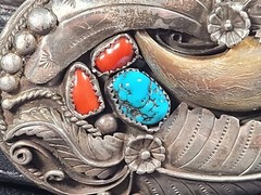 Braided Nylon And Leather Belt With Silver Turquoise Coral Belt Buckle 35097-11