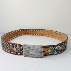 VTG Western Tooled Leather Belt Eagle Floral Inlay Personalized Jerry Size 36
