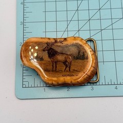 Betty Loucks Belt Buckle Brown Hand Painted Elk Antler Vintage 1985