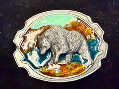 Southwestern Style Fishing Grizzly Bear Colorful Painted Belt Buckle