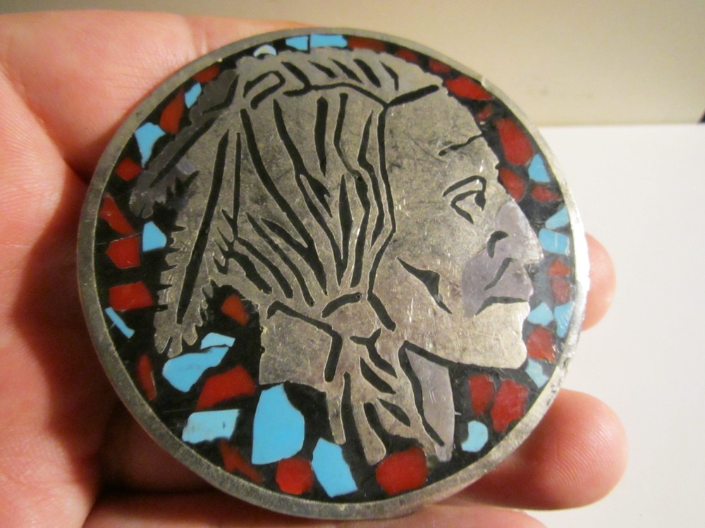 VINTAGE NATIVE INDIAN BELT BUCKLE CORAL & TURQUOISE INLAY GEMSTONES HEAVY GW-26