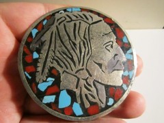 VINTAGE NATIVE INDIAN BELT BUCKLE CORAL & TURQUOISE INLAY GEMSTONES HEAVY GW-26