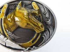 Brass & Pewter Toned Western Horse Horseshoe Belt Buckle Enameled New