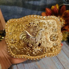 Rooster Cowboy Belt Buckle Western Hebilla Silver & Rosetone Rhinestone 4×3.5&Prime;