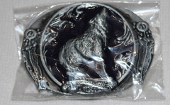 Howling Wolf & Feathers Belt Buckle Blue Acrylic Backing Brushed Silver New