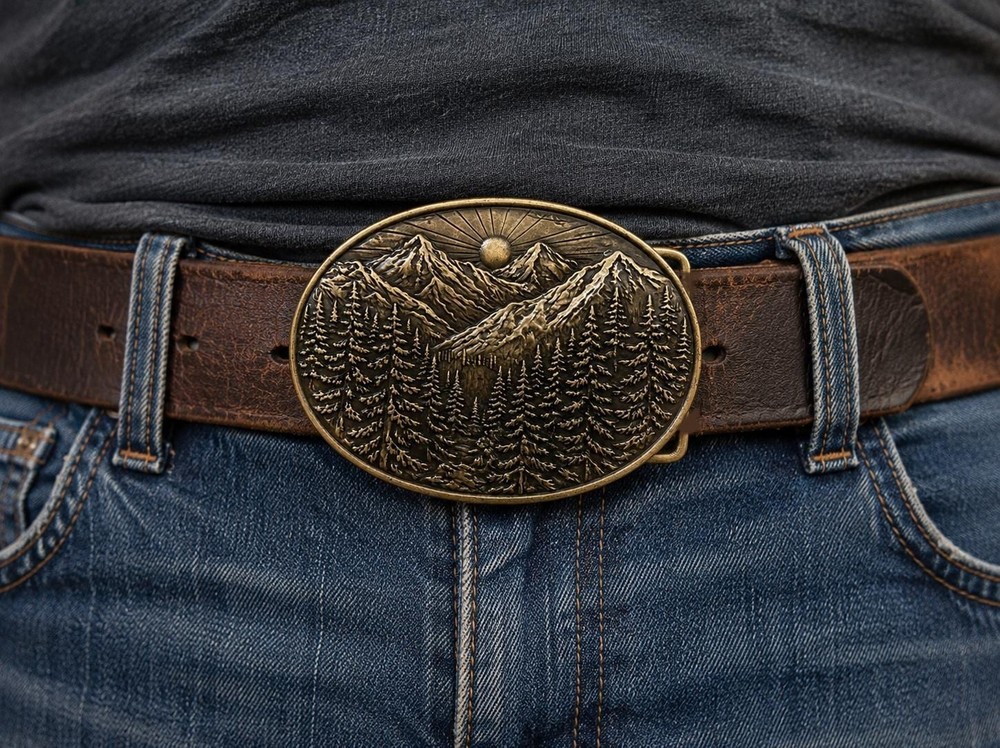 Golden Mountain Landscape Belt Buckle Forest Sunrise Pine Father&rsquo;s Day Gift