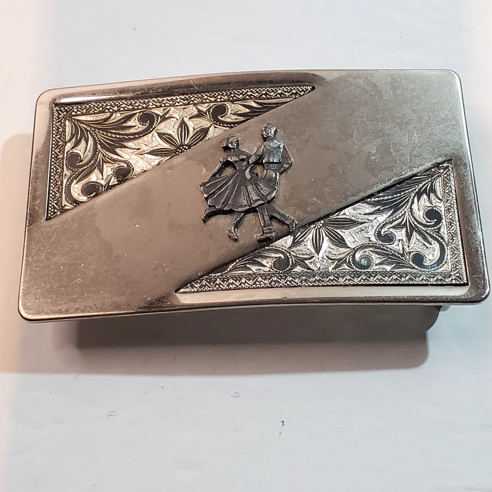 Vintage Silver Tone Line Country Square Dancing Western Scroll Belt Buckle #1548