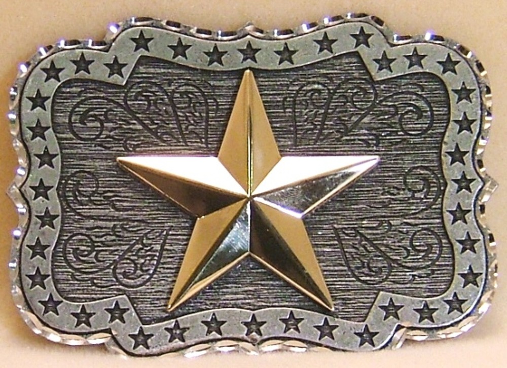 Belt Buckle Gold Star over Pewter Laser Cut Edges Rectangle Shape